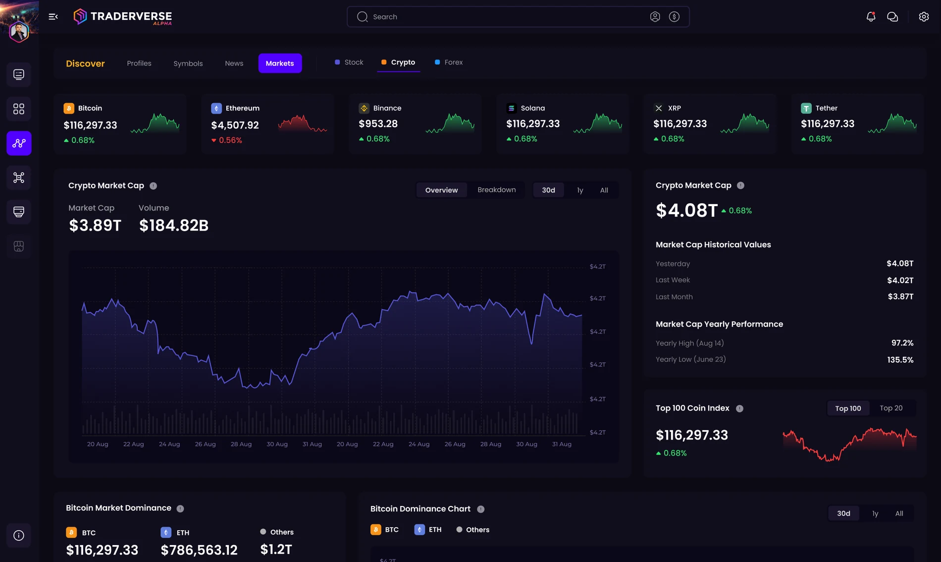 Traderverse Explore on desktop, showing trending stocks and crypto
