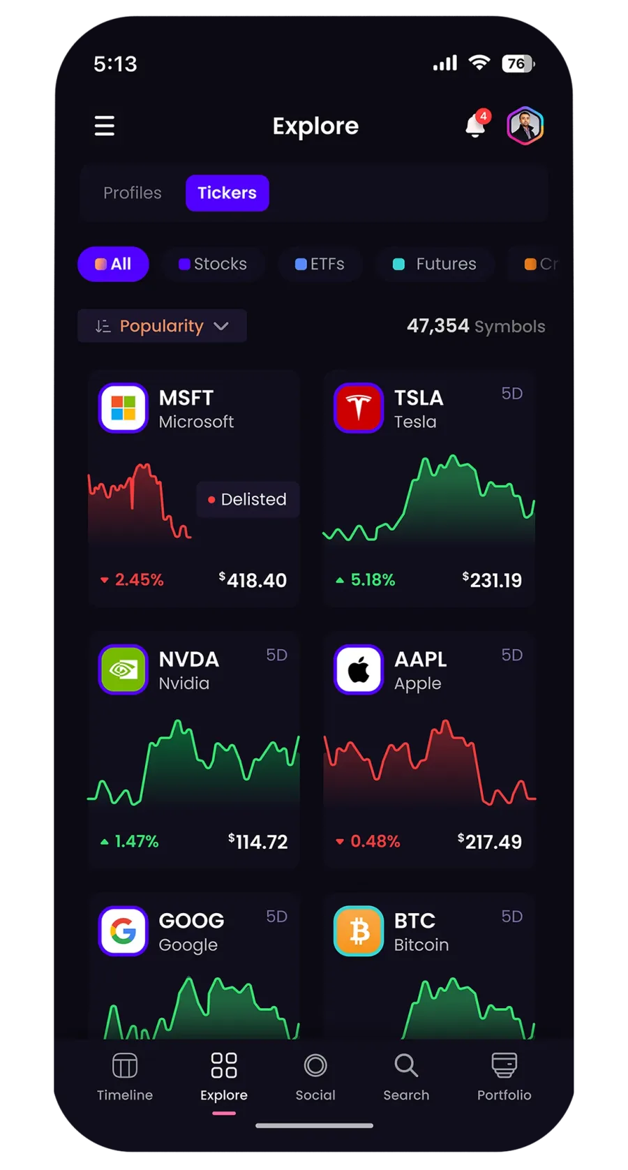 Explore screen in the Traderverse mobile app, showing stocks, ETFs and crypto with live price changes