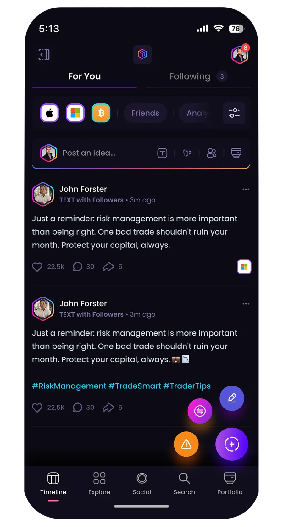 Timeline in the Traderverse mobile app, showing posts from traders with likes, replies and shares