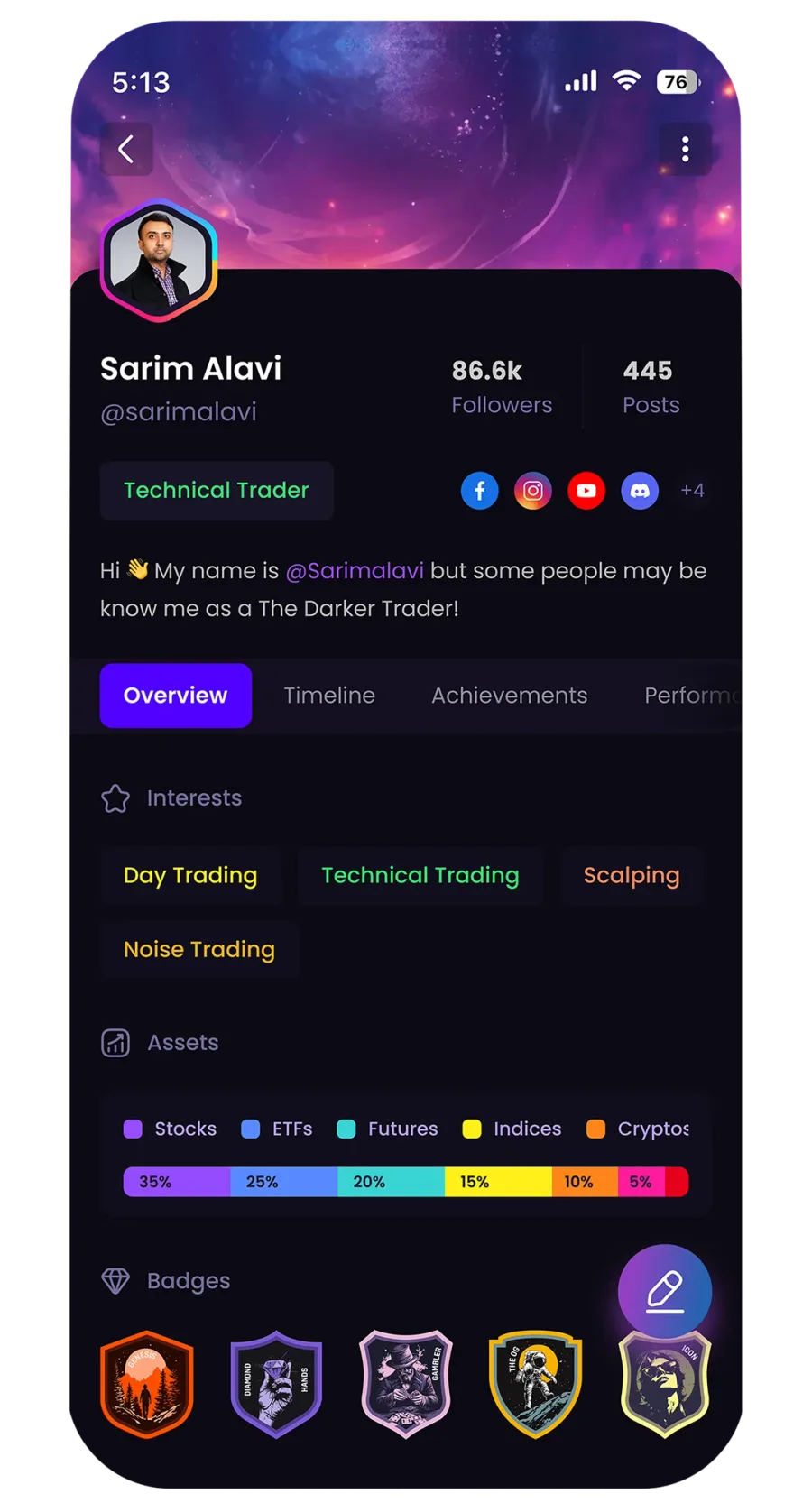 Trader profile in the Traderverse mobile app, showing followers, trading style, asset allocation and badges